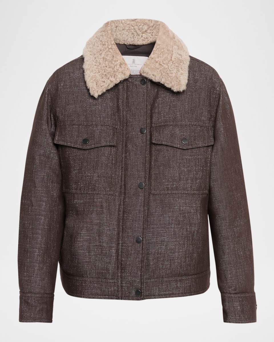 Sparkling Wool-Blend Padded Jacket with Removable Shearling Collar